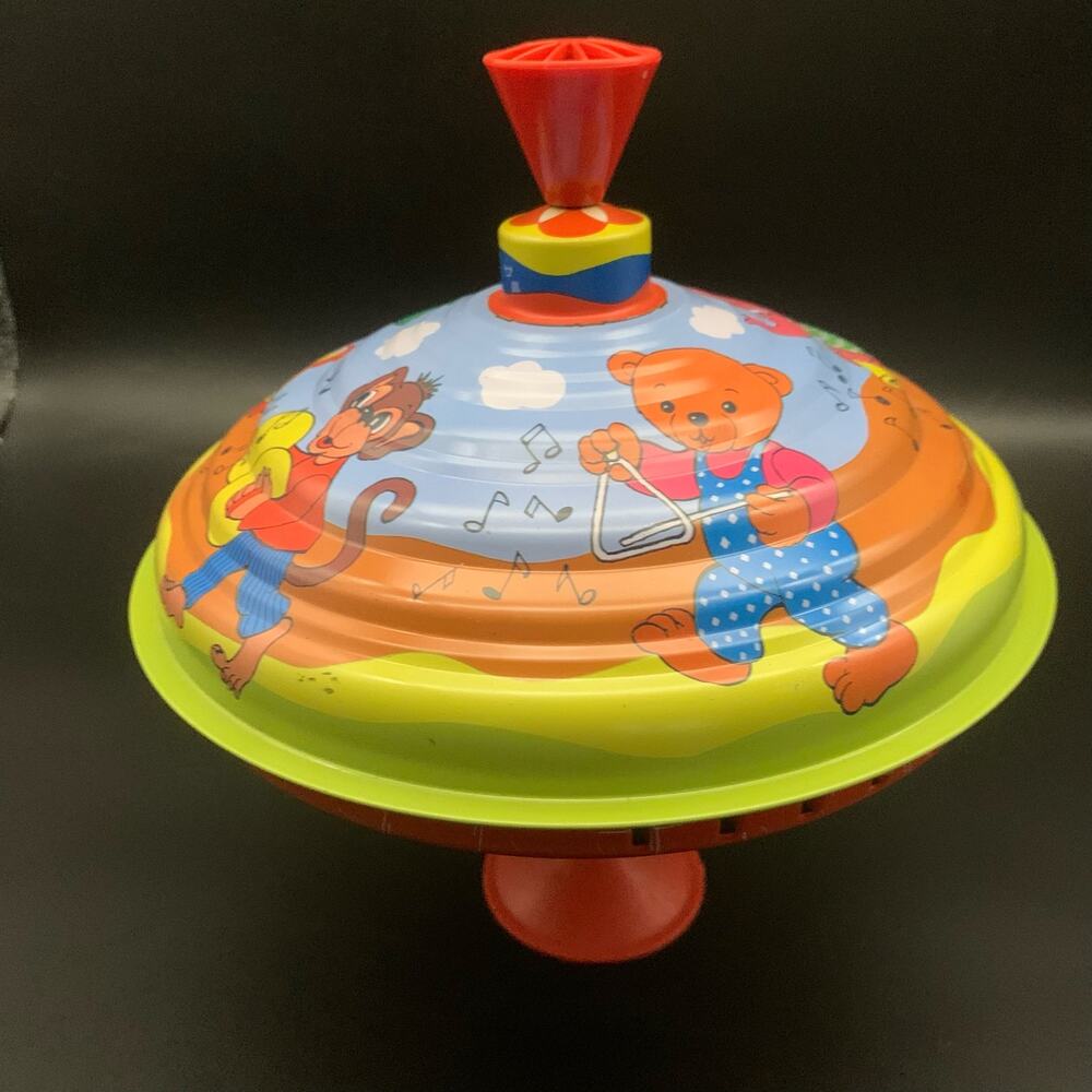 Vintage LBZ Hand Spinning Top Tin Litho Toy with Cartoon Animals